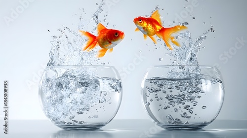 Wallpaper Mural Two bright orange fish leap simultaneously from separate glass bowls filled with clear water. Torontodigital.ca