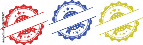 Red, Blue & Yellow Grunge Stamp Set with Diagonal Ribbons – Vintage Seals for Awards, Logos & Social Media