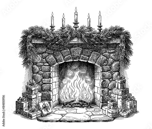 Fireplace and presents in classic line drawing in black and white