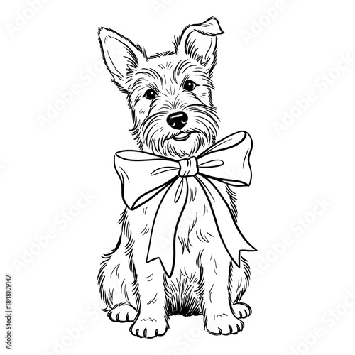 Small christmas dog with bow against white background