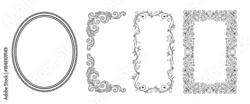 Ornate frames and borders line art in black and white
