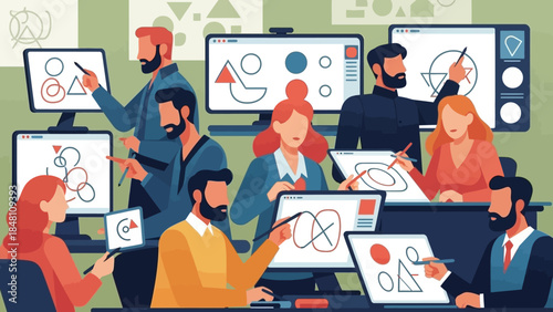 collaborative digital design team working on geometric and abstract graphics in a modern workspace