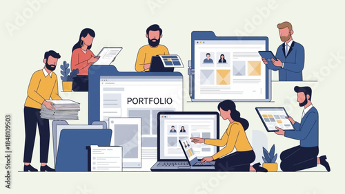 Collaborative Digital Workspace with Team Members Managing Portfolios and Data in Modern Office