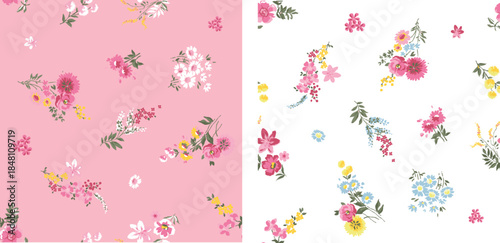 Sweet Wildflower Bouquet Collection | Seamless Hand-Drawn Floral Pattern with Delicate Spring Blossoms for Romantic Textiles, Feminine Apparel, and Stationery Design