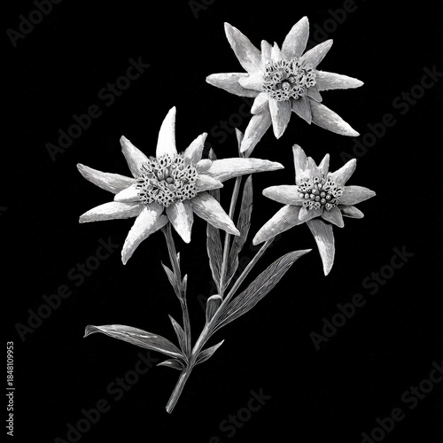 A delicate black and white illustration of three edelweiss flowers, perfect for nature-themed designs, botanical prints, or vintage aesthetics, Ideal for decoration, packaging