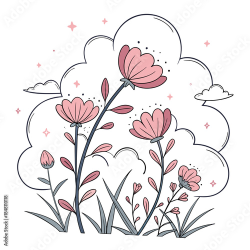 Dreamy pink flowers and clouds with sparkles floral