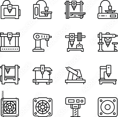 3D printer and robotic arm icons with cooling fan and speaker additive manufacturing