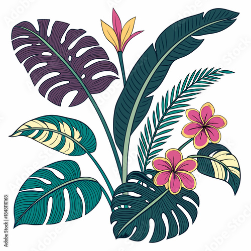 Colorful tropical leaves and flowers arrangement colorful flowers