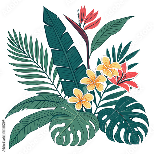 Vibrant tropical leaves and flowers arrangement colorful flowers
