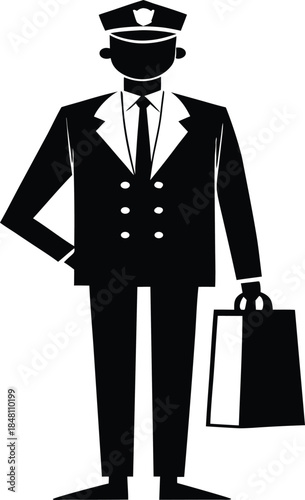 Stylized black illustration of a bellhop or chauffeur holding a bag