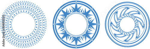 Blue Geometric Circle Frame Set with Dots, Sunburst & Spiral Patterns – Premium Borders for Logos, Awards & Design