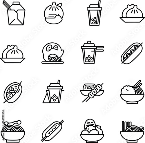 Asian street food and drink icons with takeout packaging vector illustration