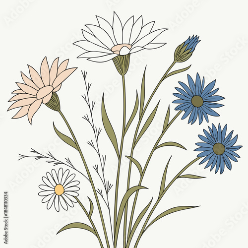 Colorful flowers bunch with green stems and leaves