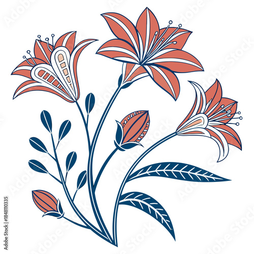 Deco flowers with orange petals and blue stems white