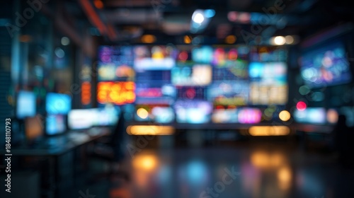 Blurred Newsroom Tech with Monitoring, Control Room, and Broadcasting Studio.