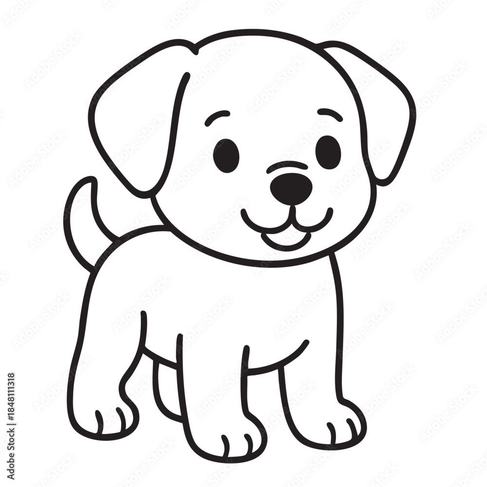 Fototapeta premium A charming black and white illustration of a cute puppy with simple lines and a happy expression