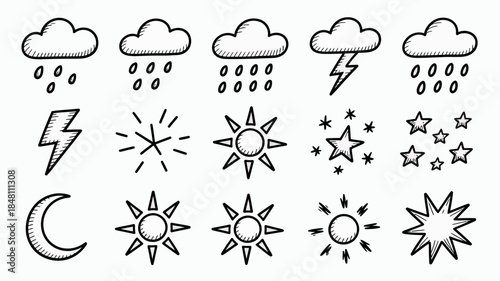 Weather icons set, hand-drawn style, black and white, various conditions