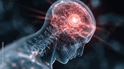 Futuristic translucent human silhouette showcasing illuminated brain activity, neural connections, and spine, representing advanced technology in neurobiology and cognition