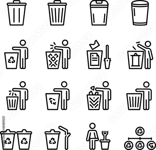 Collection of trash can and recycling bin icons with people garbage waste