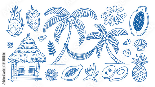 Tropical Vacation Icons and Symbols in Blue Lines on White Background