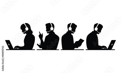 Customer Support Team Silhouette Using Headsets and Laptops