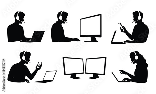 Customer Support Team Silhouette Using Headsets and Laptops