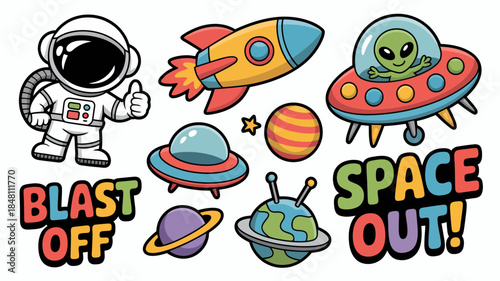 Colorful Space-Themed Cartoon Illustrations with Astronaut, Aliens, and Rockets