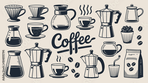 Coffee Essentials and Brewing Methods Illustrated in Vintage Style