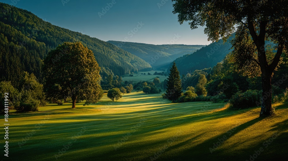 Fototapeta premium Sunlit Green Valley with Rolling Hills, Forest Trees and Peaceful Morning Light