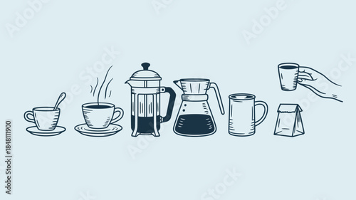 Coffee Brewing Methods and Cups Line Art Illustration