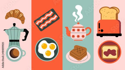 Breakfast Food and Drink Items, Flat Design Style