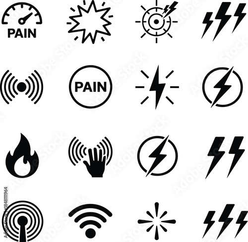 Icons Representing Pain, Energy, and Wireless Signals gauge speedometer