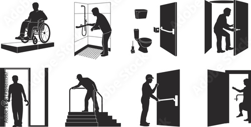 Accessibility silhouette illustration set showing wheelchair access, bathroom aids, door interaction, walker support and inclusive mobility design in simple vector style