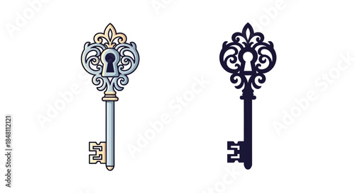 Vintage ornate keys one in color and one as a silhouette