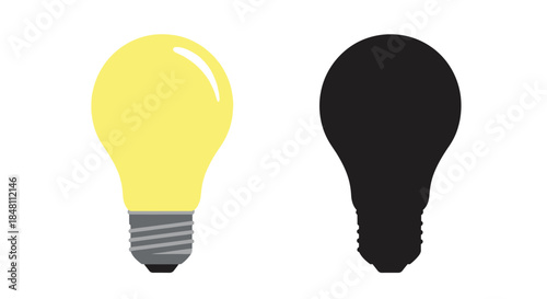 A bright yellow light bulb and a shadowed black bulb illustration