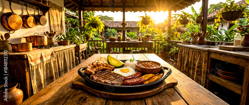 Traditional colombian bandeja paisa platter with beans rice pork belly and avocado on wooden table outdoors