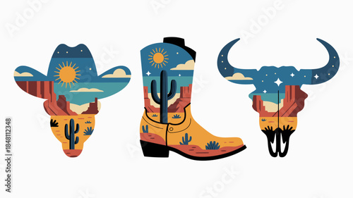 Western Desert Landscape Illustrations of Cowboy Hat, Boot, and Bull Skull