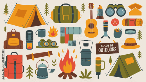 Camping and outdoor adventure icons, including tents, backpacks, and gear for exploring nature.