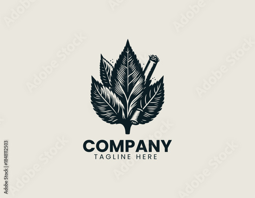 Vintage tobacco leaves are illustrated as a classic botanical emblem in a refined black vector logo illustration