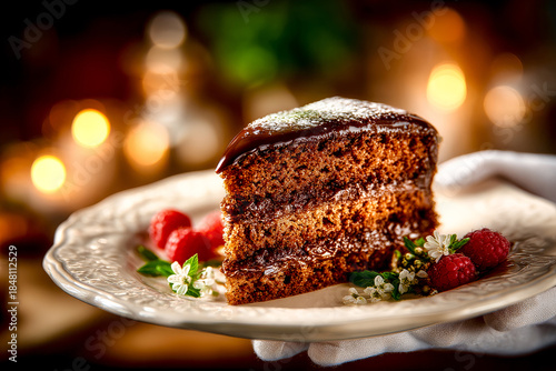 Waiter holding slice of chocolate sacher cake with raspberries on elegant plate.