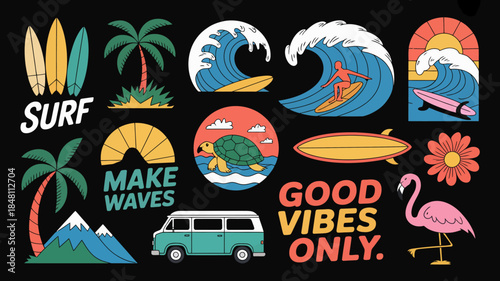 Surfing and Beach Life Stickers with Good Vibes Only Theme