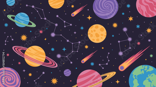 Colorful cartoon planets, stars, and constellations in space
