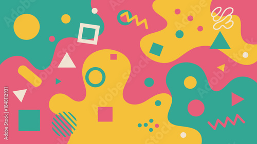 Colorful abstract background with geometric shapes and fluid forms in pink, yellow, and green hues.