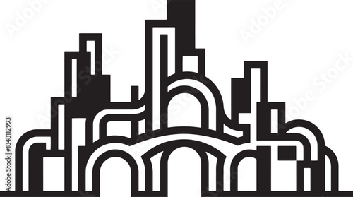 Abstract city skyline logo with interconnected lines arches and modern buildings infrastructure