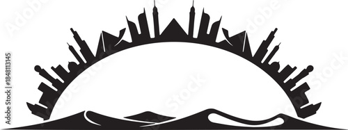 futuristic cityscape silhouette over desert dunes with modern architecture and pyramids