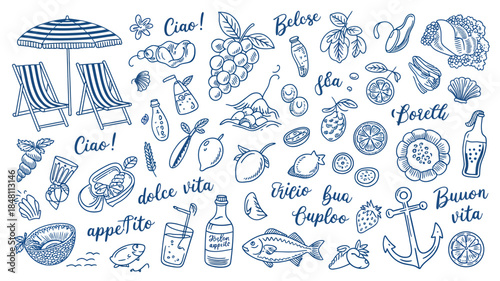 Italian Summer Vacation Icons, Food, Drinks, and Beach Elements