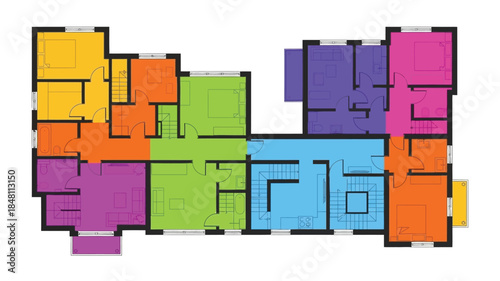 Colorful apartment building floor plan with multiple units and interior layouts
