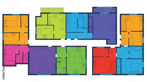 Colorful apartment floor plans showing room layouts and internal arrangements
