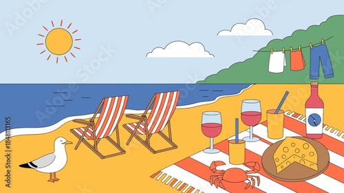 Beach picnic with wine, cheese, and seafood by the ocean