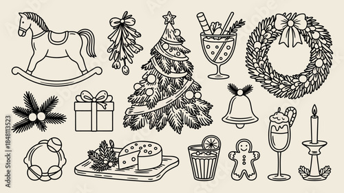 Christmas icons and symbols, festive holiday illustrations